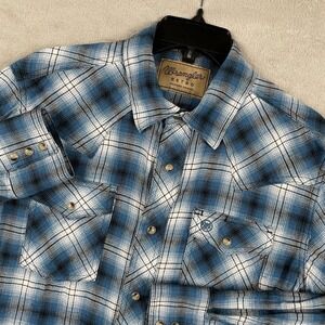 Wrangler Retro Western Shirt Mens Medium Blue Plaid Pearl Snap Flannel Pockets